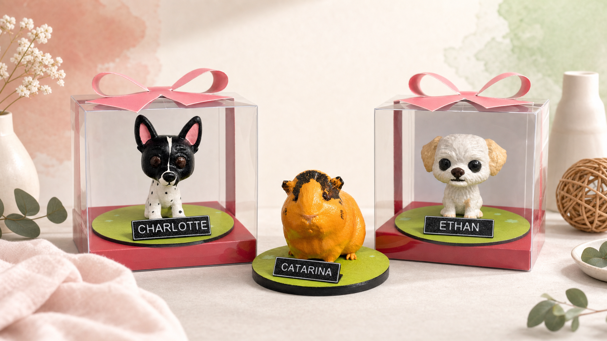 Miniaturas personalizadas Charlotte, Catarina e Ethan em uma composição de produtos